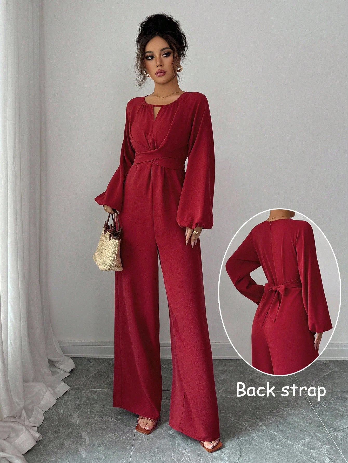 Women's Solid-Colored Jumpsuit With Puffed Sleeves, Square Neck And Wide Legs