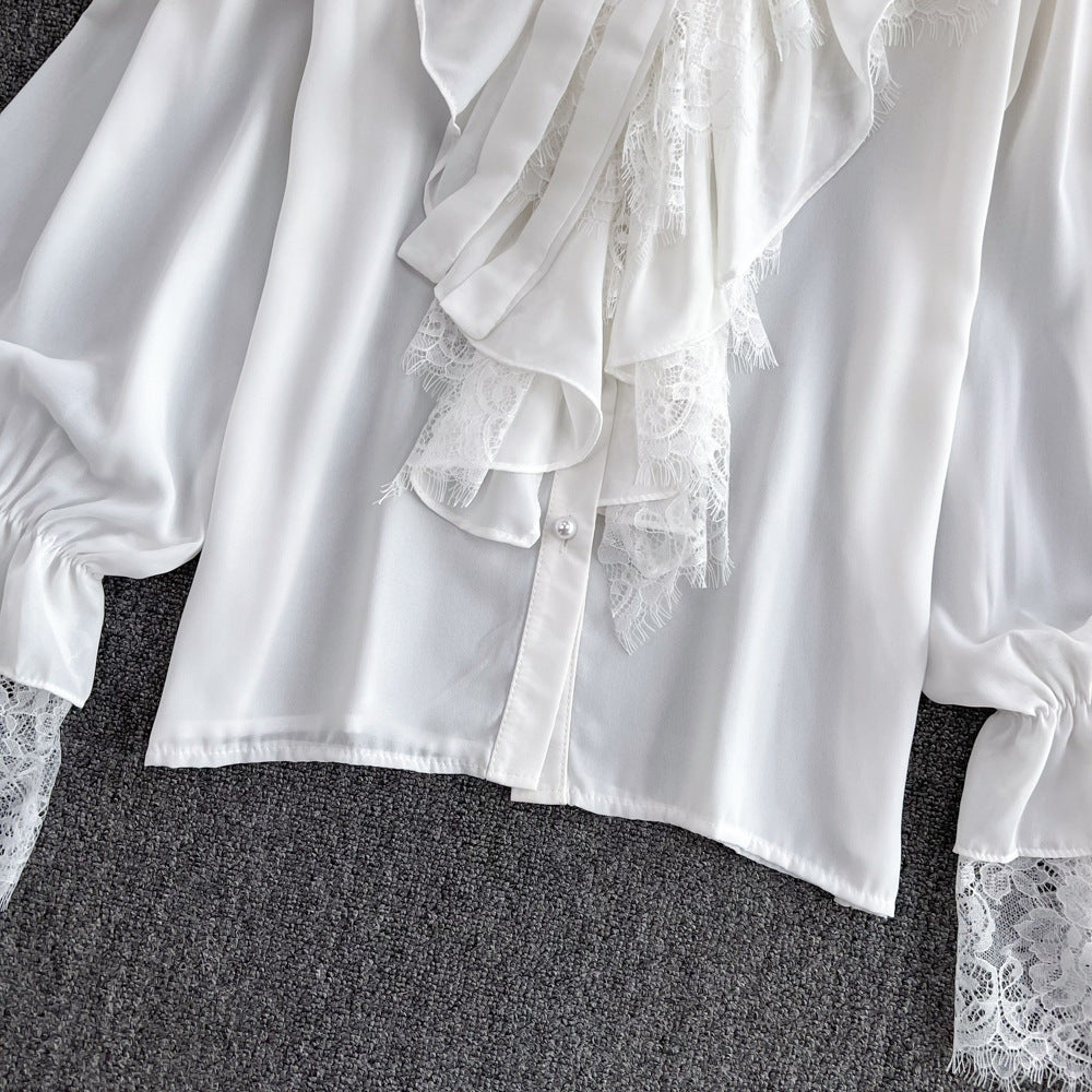 Womens Retro Elegant Loose-Fit Lace-Patch Flare-Sleeve Shirt