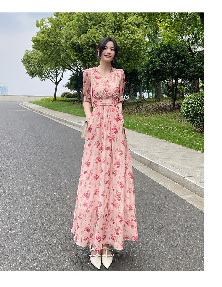 Women's Printed Midi French-Style Split Dress