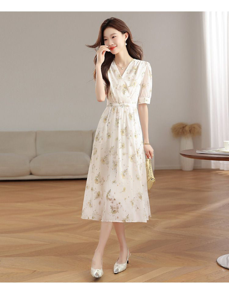 V-neck Puffed-sleeve Patchwork Printed Midi Dress