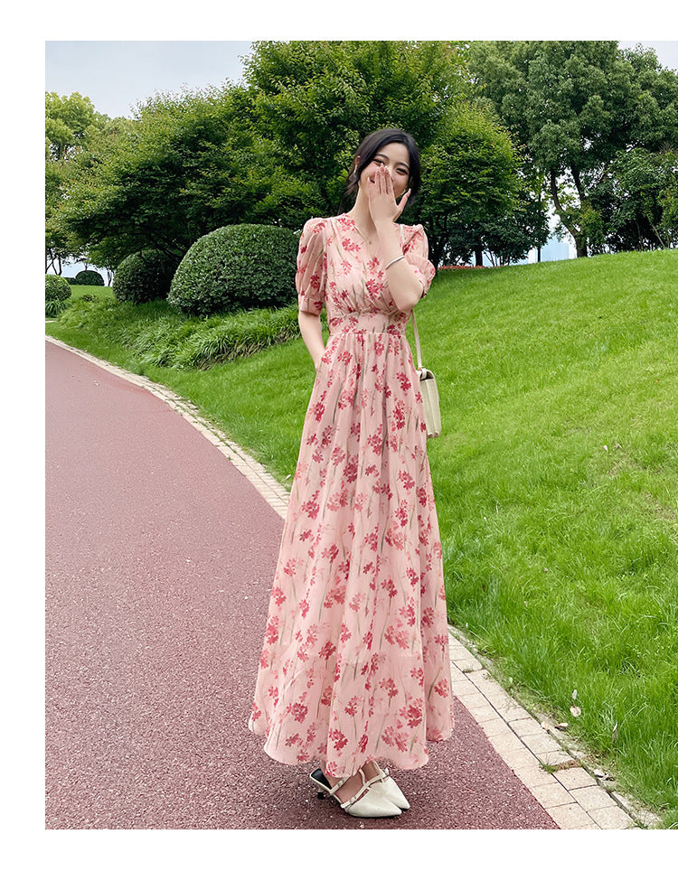 Women's Printed Midi French-Style Split Dress