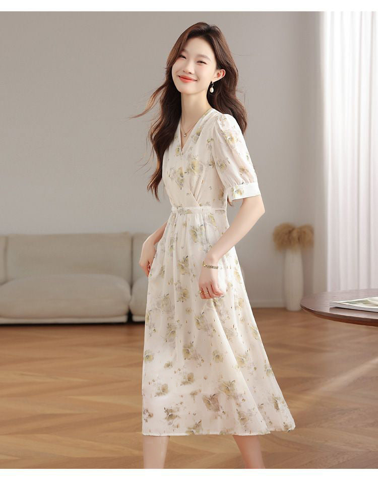 V-neck Puffed-sleeve Patchwork Printed Midi Dress