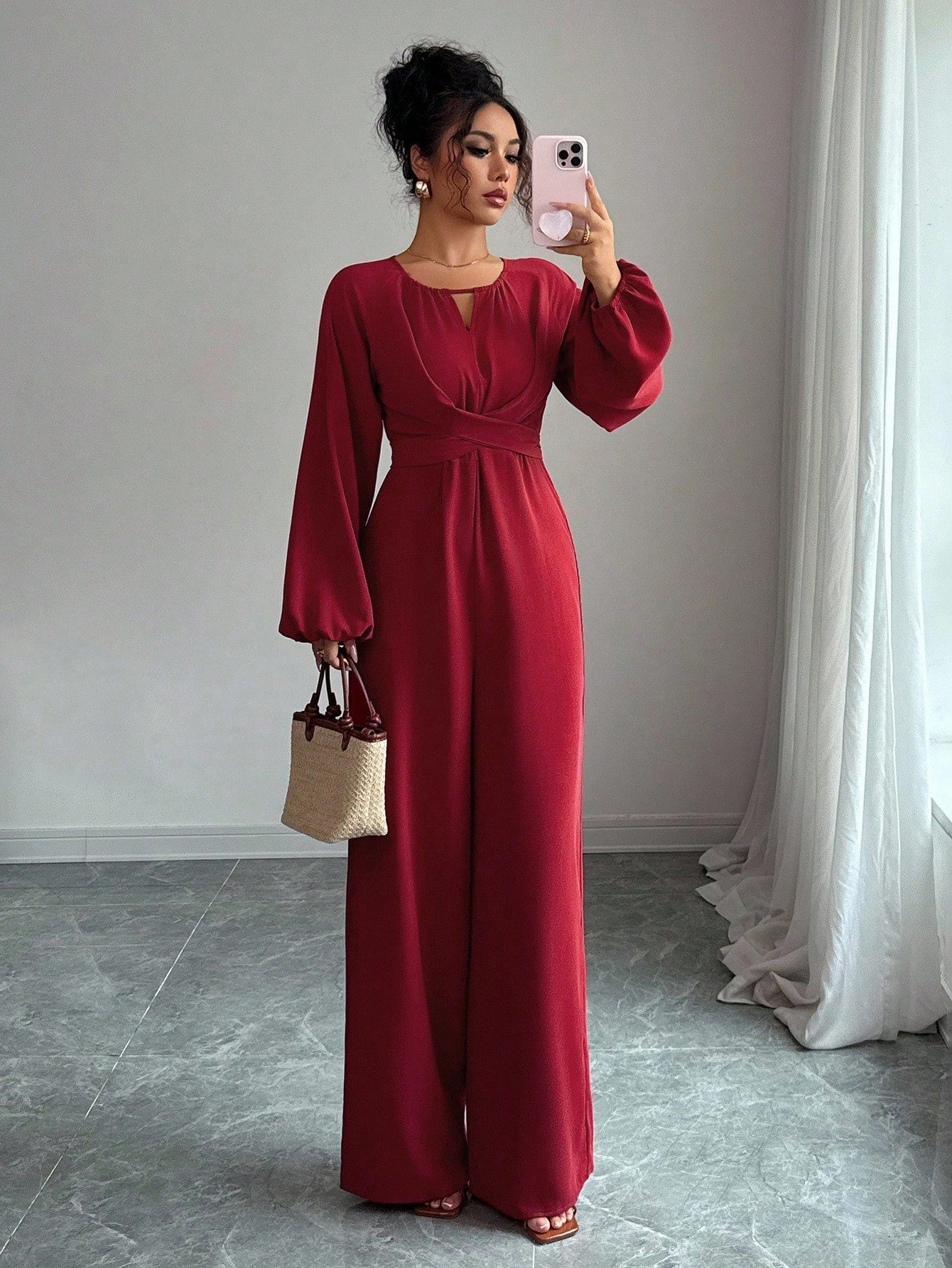 Women's Solid-Colored Jumpsuit With Puffed Sleeves, Square Neck And Wide Legs