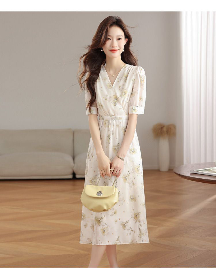 V-neck Puffed-sleeve Patchwork Printed Midi Dress