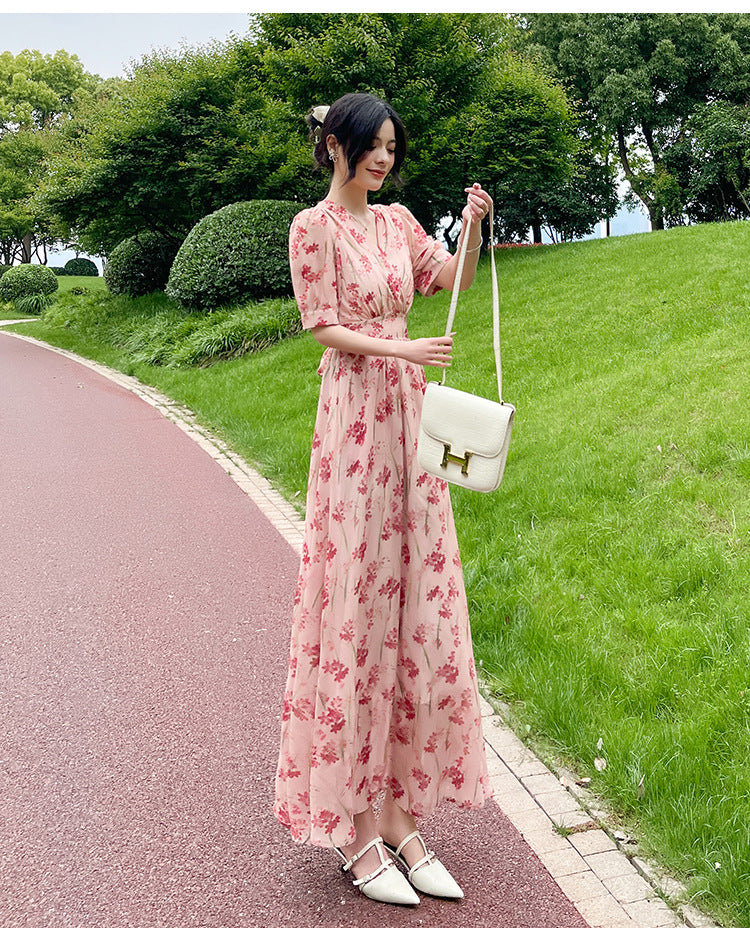 Women's Printed Midi French-Style Split Dress