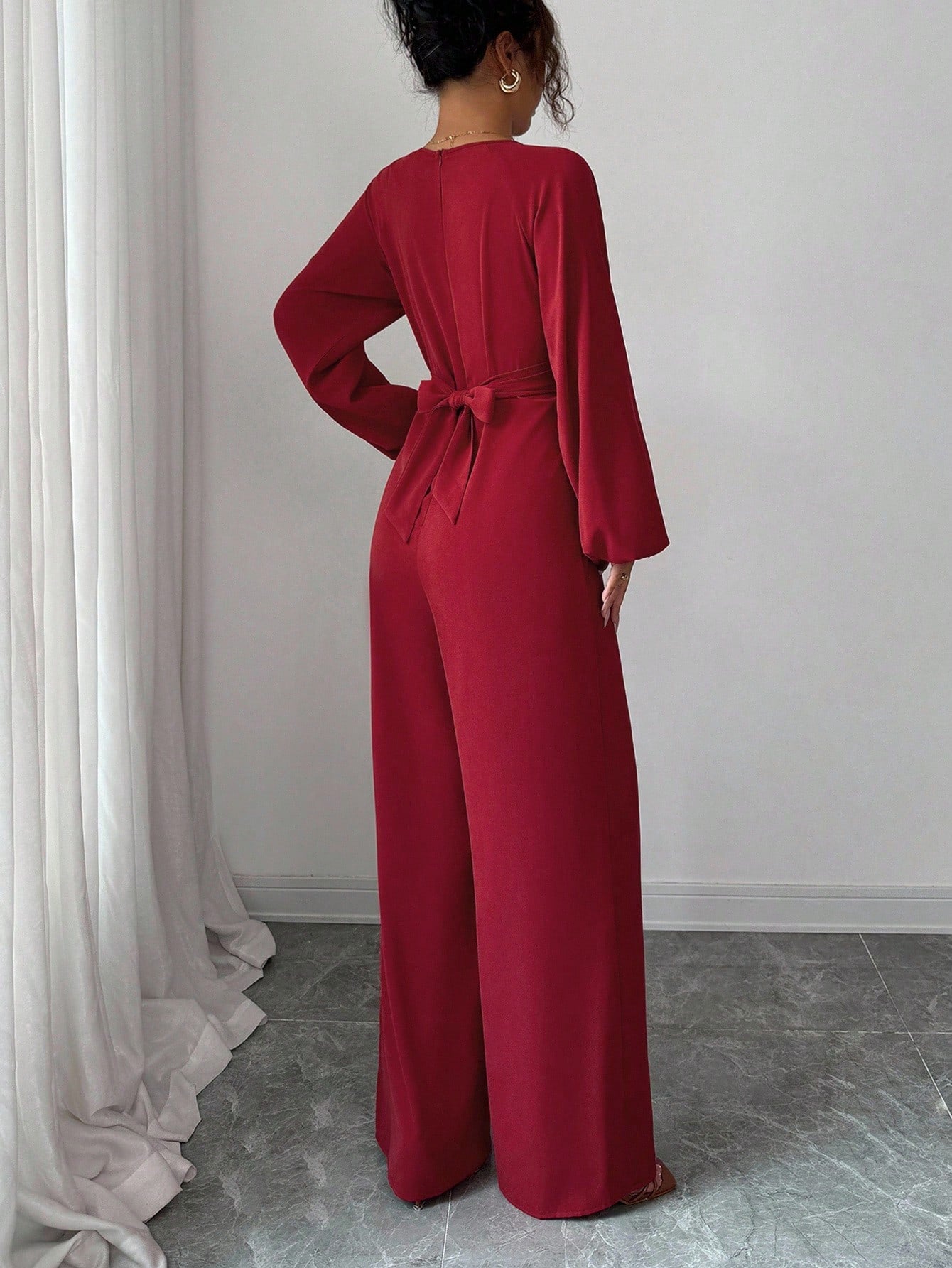 Women's Solid-Colored Jumpsuit With Puffed Sleeves, Square Neck And Wide Legs