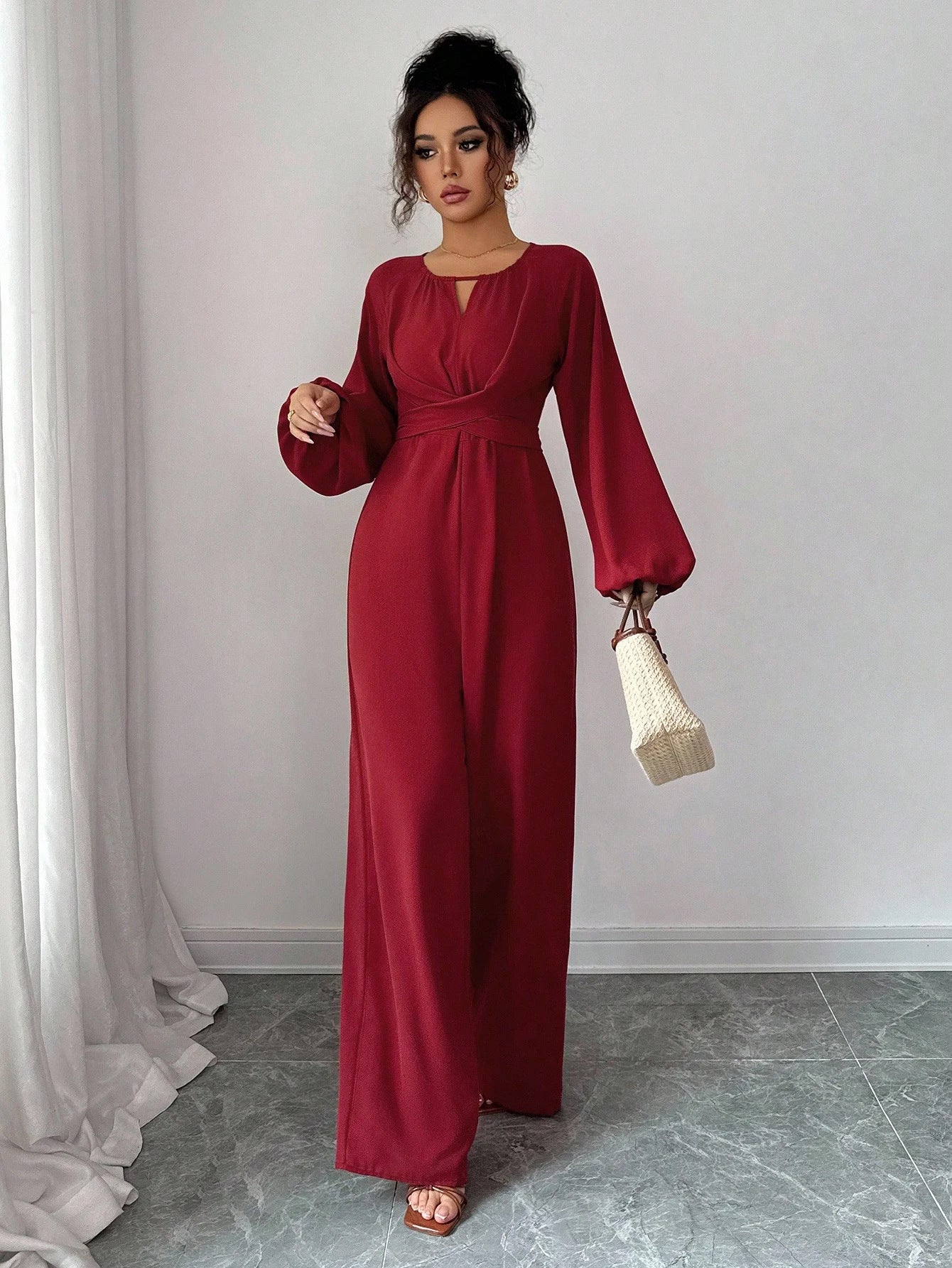 Women's Solid-Colored Jumpsuit With Puffed Sleeves, Square Neck And Wide Legs