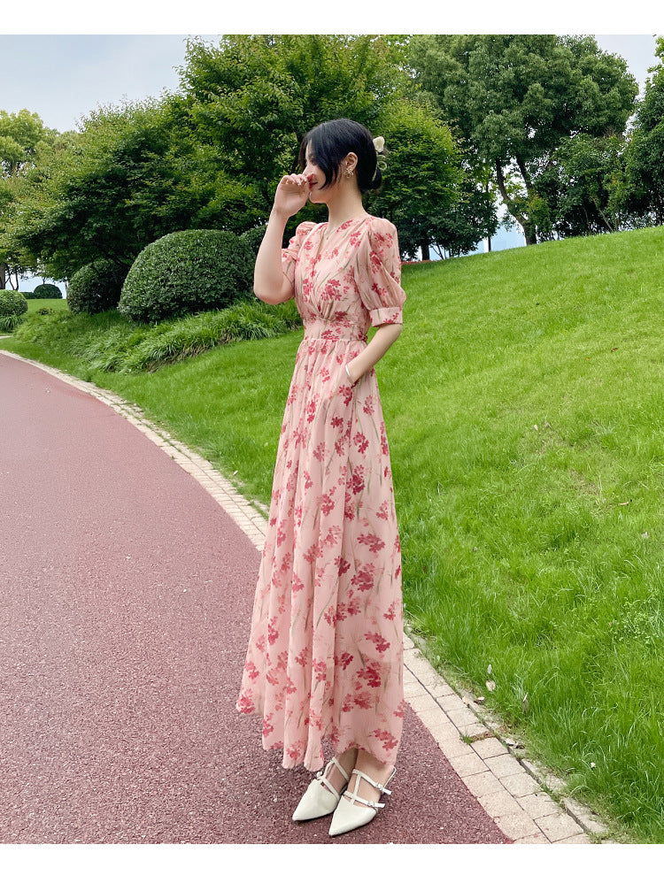 Women's Printed Midi French-Style Split Dress