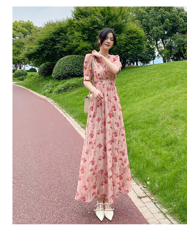 Women's Printed Midi French-Style Split Dress