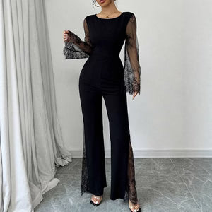 Lace-embellished Long-sleeve Crew-neck Bodycon Jumpsuit With A Cinched Waist And Hip-lifting Design