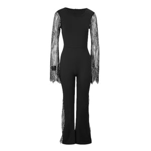 Lace-embellished Long-sleeve Crew-neck Bodycon Jumpsuit With A Cinched Waist And Hip-lifting Design