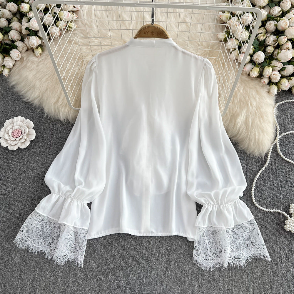 Womens Retro Elegant Loose-Fit Lace-Patch Flare-Sleeve Shirt