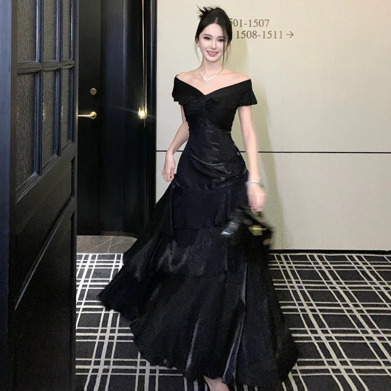 French-style Black Off-shoulder Luxury Dress