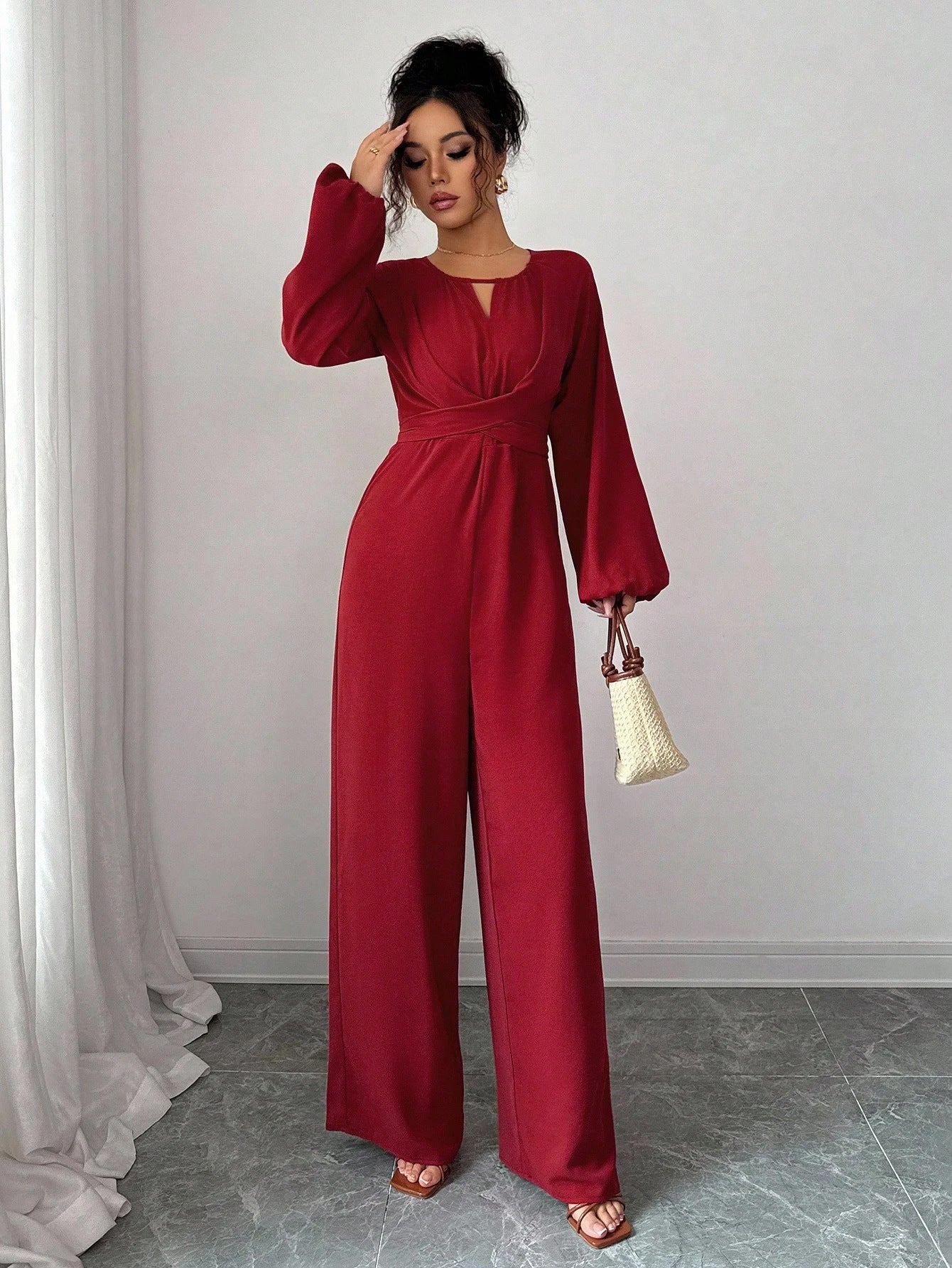 Women's Solid-Colored Jumpsuit With Puffed Sleeves, Square Neck And Wide Legs