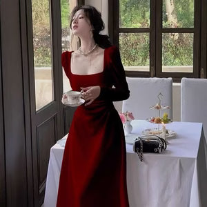 Red Long sleeve Dress Women's Formal Gown Red Skirt Maxi