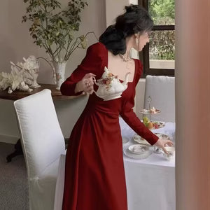 Red Long sleeve Dress Women's Formal Gown Red Skirt Maxi