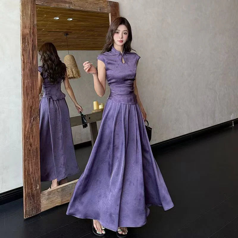 Chinese-style Purple Top And Skirt Two-piece Set